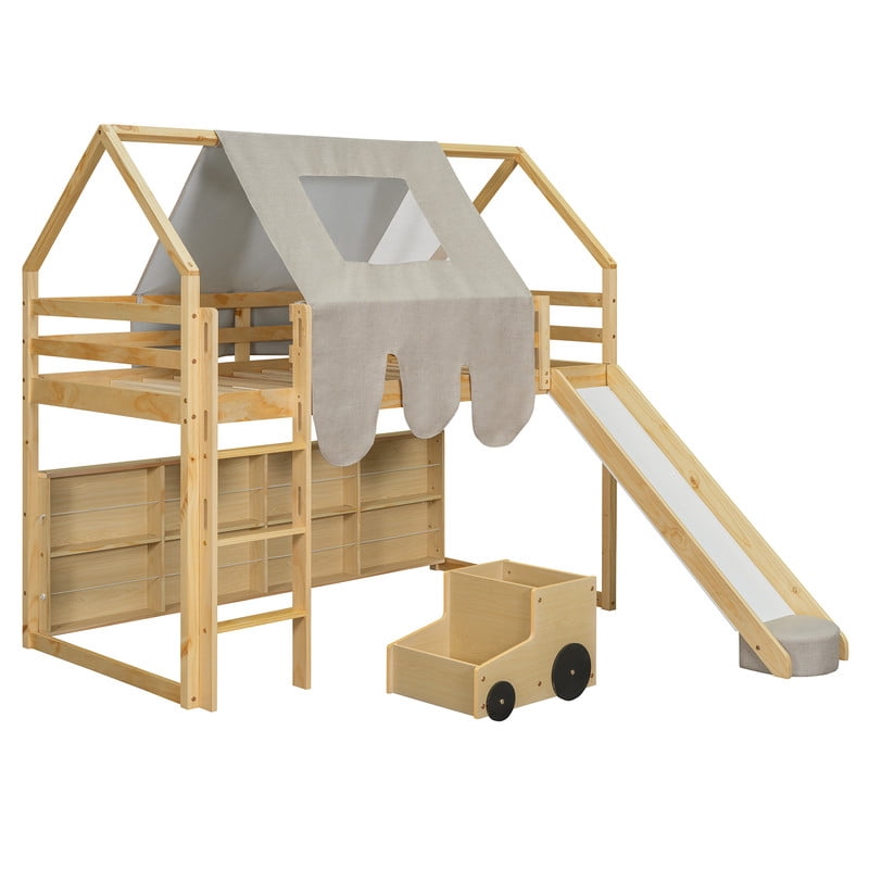 Twin Size Wooden Loft Bed with Slide and Ladder, House-Shaped Loft Bed Frame with Tent, Storage Shelves and Car-Shaped Storage Cabinet, Kids Playhouse Bed with Safety Handrails