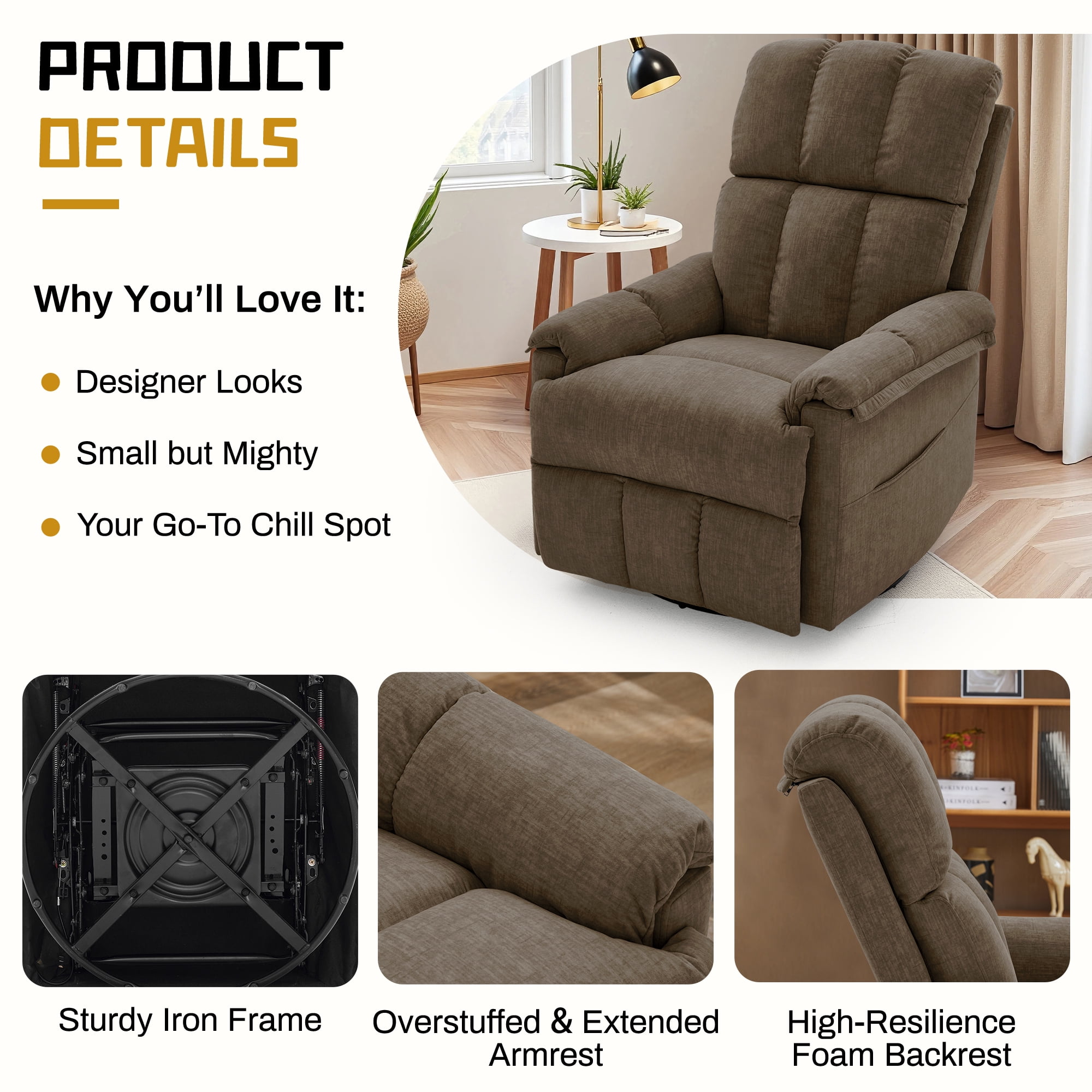 Korser 360°Swivel Recliner Chair for Adults with Side Pockets,Small Rocking Recliner for Small Spaces for Living Room,Nursery,Brown