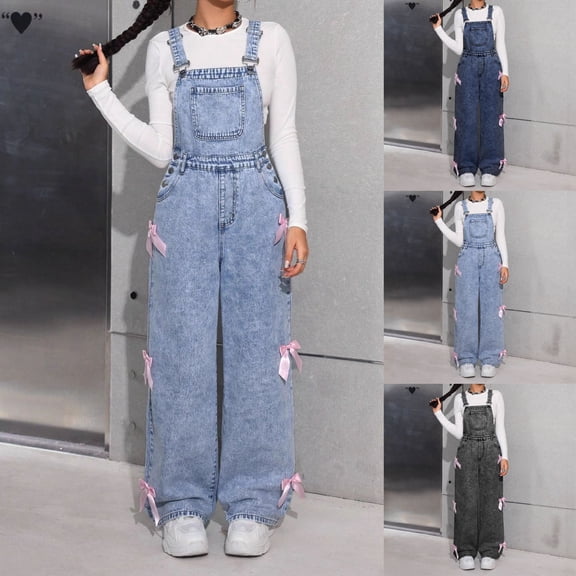 RTKFRFLM Girls Wide Leg Overalls Washed Denim Suspender Pants with Bowknot Dark Gray 14-15 Years
