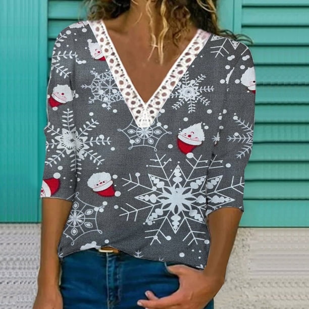 ICHUANYI Clearance Casual Women's V Neck Summer Sexy Gradient Print Regular Women's Long Sleeve Top(Black, M) ICHUANYI WER2023081505833