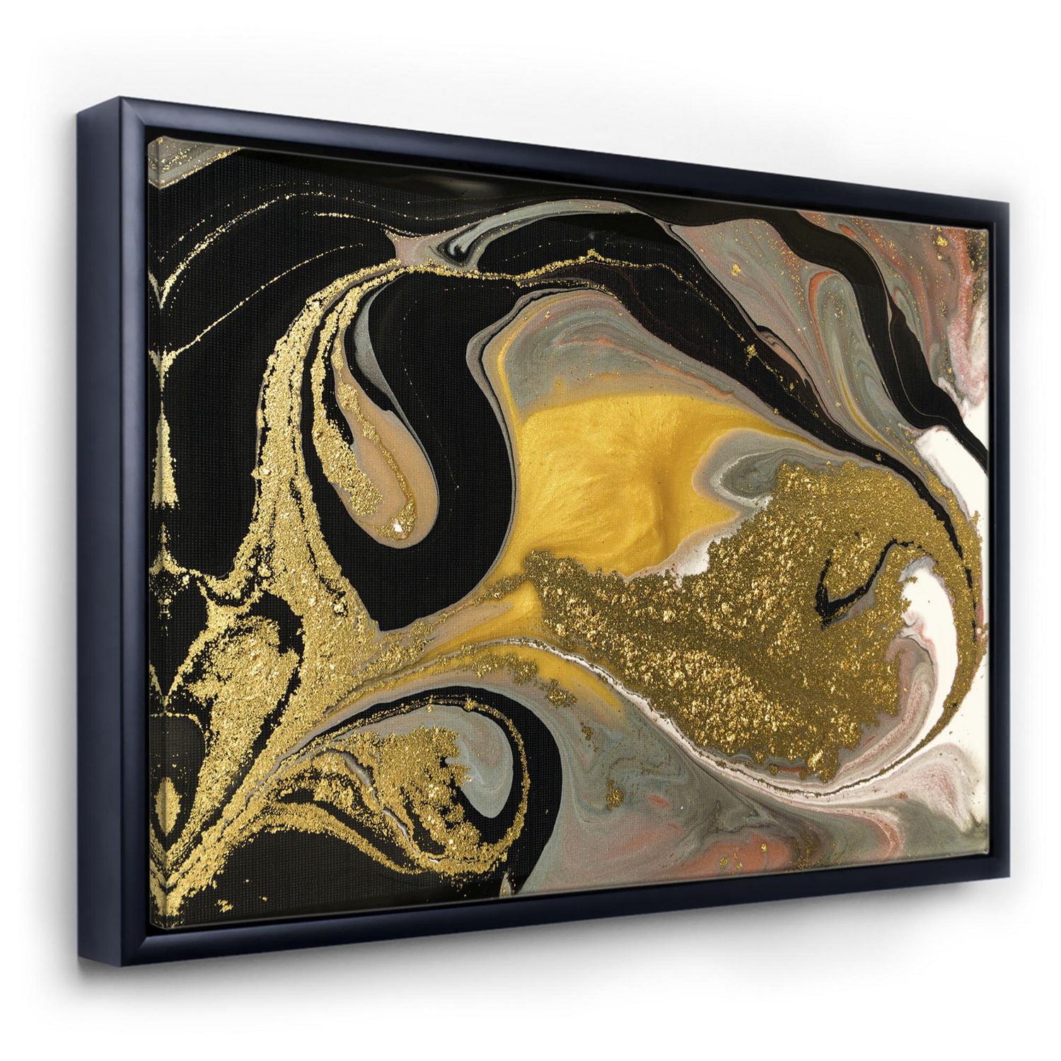 Designart Gold And Black Marbled Rippled Texture I FLOAT FRAME WALL ART