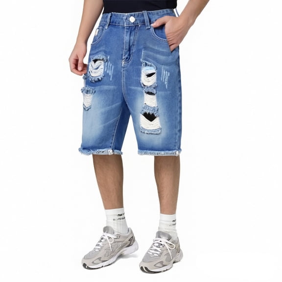 Mens Shorts Summer Loose Ripped Denim Shorts Casual Trendy Men Jeans Dark Blue 28