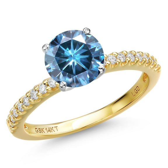 Gem Stone King 14K Two Tone Gold Persian Blue Moissanite and Lab Grown Diamond Engagement Ring for Women | 2.06 Cttw | Round 8MM | Gemstone Birthstone | Size 5