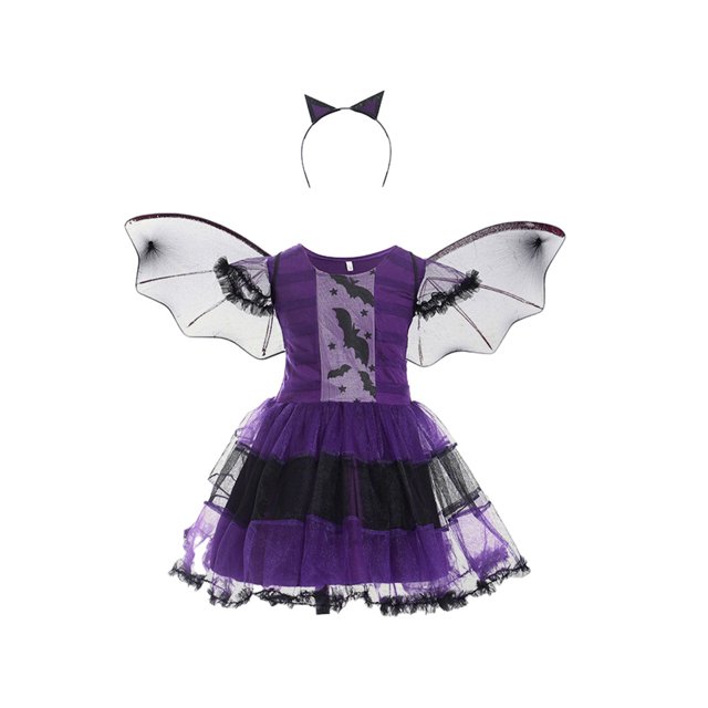 LUXUR Robes Cosplay pour Filles Couleur Unie Cape Col Rond Robe d'Halloween Tenue Déguisement Manches Longues Chauve-Souris 140