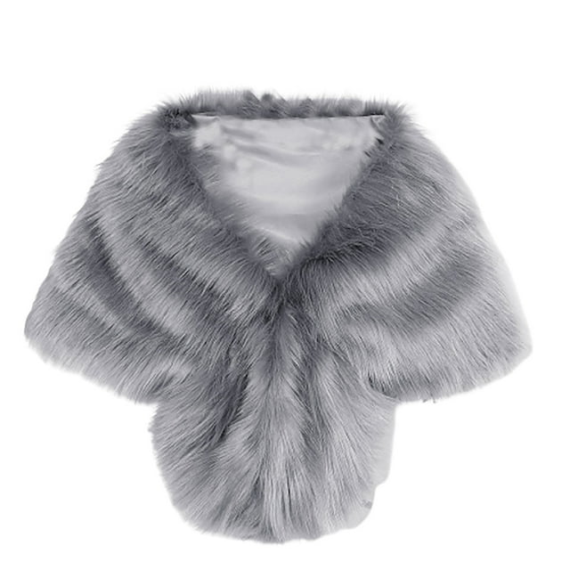 DPTALR Elegant Bridal Wedding Faux Long Shawl Stole Wrap Scarf in grey, featuring a soft imitation fox fur texture with a solid pattern. The shawl measures approximately 140cm in length and 33cm in width, offering a warm and elegant accessory for formal occasions. Designed for comfort and style, it is suitable for weddings, parties, or as a thoughtful gift.