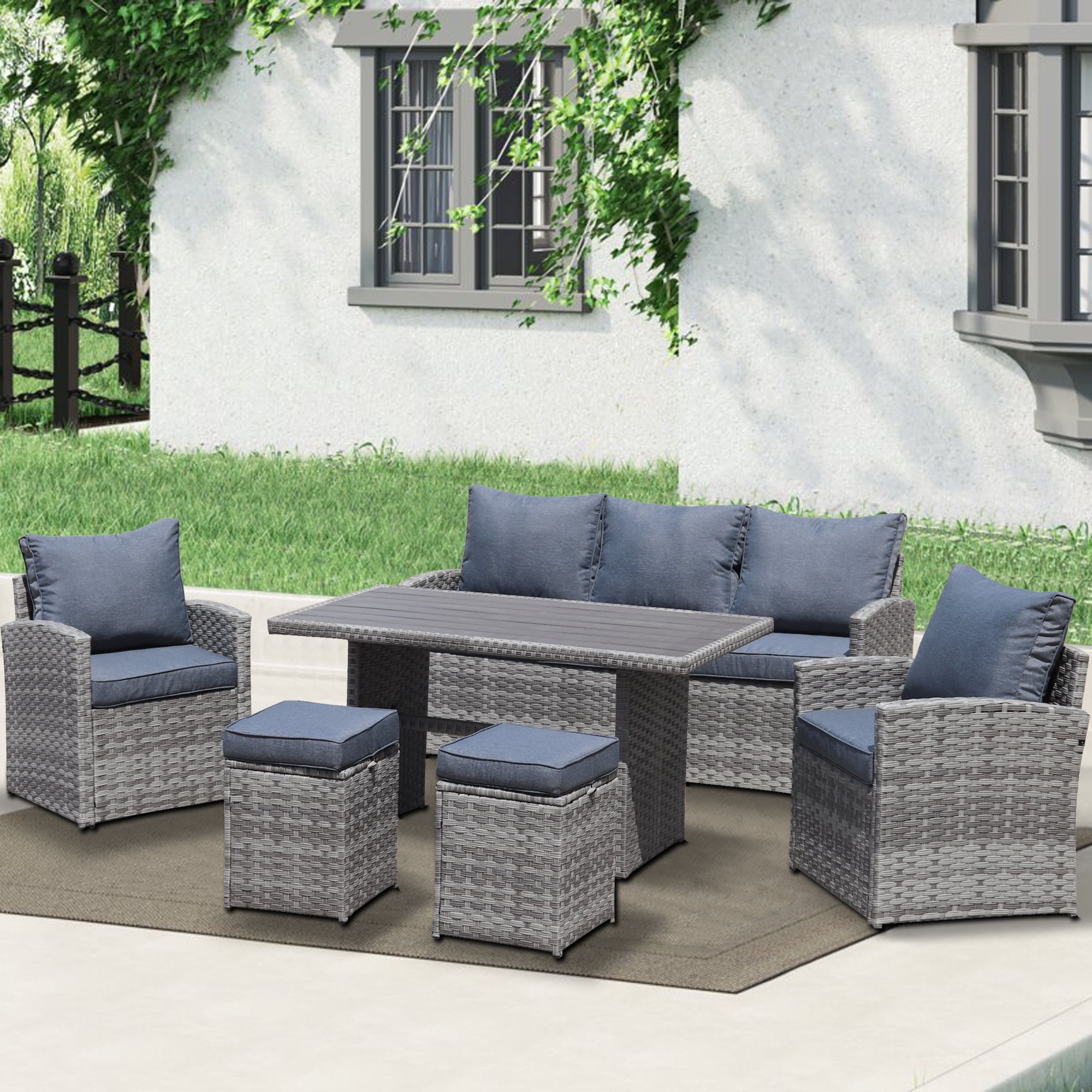 Cfowner 7 Pieces Outdoor Furniture Set, Wicker Rattan Patio Sectional