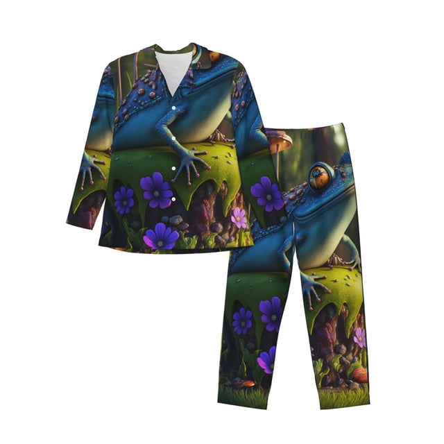 Balery Cute Blue Frog Pijama para Hombre de Dos Piezas con Manga Larga, Conjunto de Dormir y Descanso Suave con Bolsillos-Small