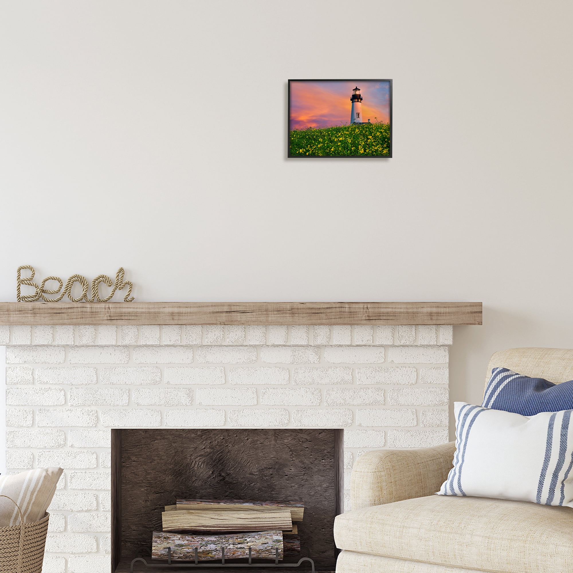 Stupell Industries Lighthouse in Meadow Sunrise Nature Photography Black Framed Art Print Wall Art, 14 x 11