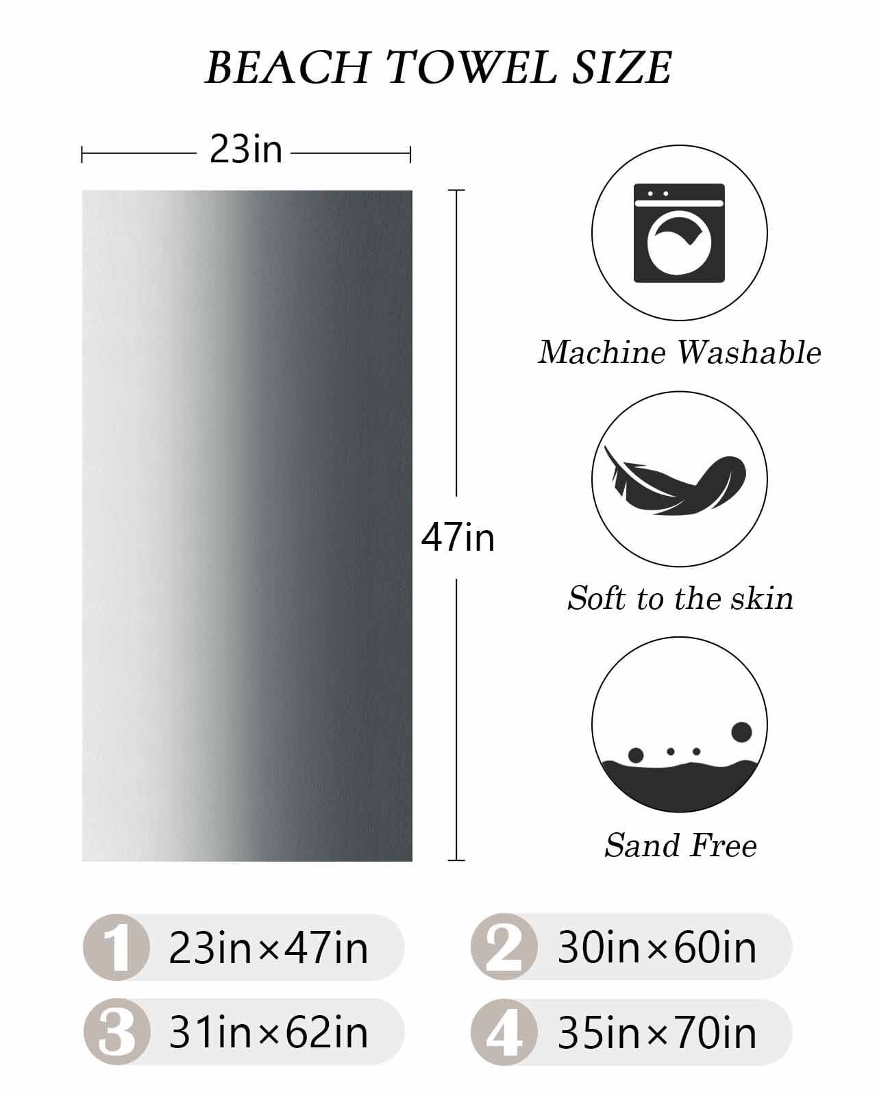 Grey Ombre Beach Towels Oversized Super Absorbent, Gray White Gradient Modern Abstract Art Lightweight Bath Towel Quick Dry Sets For Bathroom/Pool/Rv Camping/Beach Play/Gym Room/Picnic 30"x60"