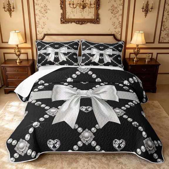 Erosebridal Chic Bowknot Twin Quilt Set, Cartoon Bow Tie Twin Coverlet Set, Black Reversible, Silver Diamond Bow, 2pcs (1 Bedspread and 1 Pillowcase)