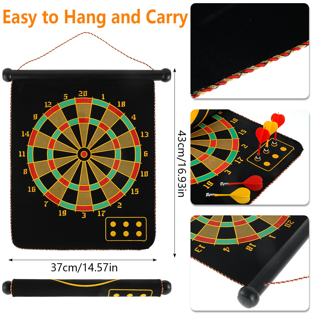 Magnetic Roll-Up Double Sided Hanging Dart Board Set with 6 Darts for Kids 