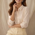 thumbnail image 6 of YTCAMLO Striped Dress Shirts for Women, Casual Loose Fit 3/4 Sleeve Button Down Shirts, Business Office Work Collared Blouses, 6 of 9