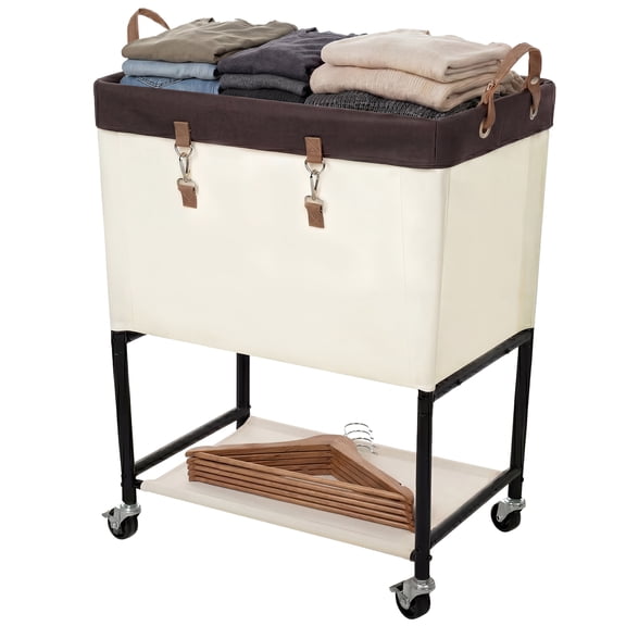 StorageWorks 2 Tier Rolling Laundry Hamper with Lockable Wheels, 110L Laundry Basket for Bedroom, Dorm, Home, Beige.