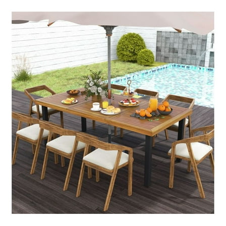 79" Acacia Wood Dining Table 8-Person, Patio Table with Umbrella Hole & Adjustable Feet - Outdoor Indoor Use, Natural & Black, Metal Frame, Large Tabletop