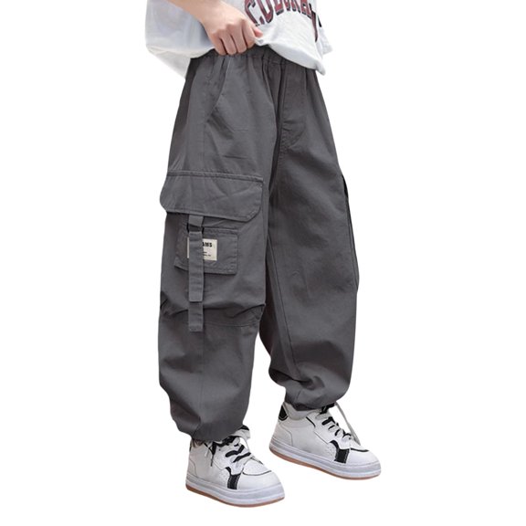 TEAJOPSUU Boy'S Ice Silk Cargo Pants Casual Quick Dry Work Pants Lightweight Hiking Climbing Pull-On Cargo Pants with Multi Pockets 6-16Y A-Gray