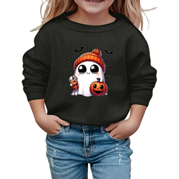 Wuxian Children'S Halloween Sweatshirt Pullover Funny Ghost Pumpkin Graphic Print Top Shirt Crewneck Long Sleeve Casual Loose Tops,Black,9-10 Years