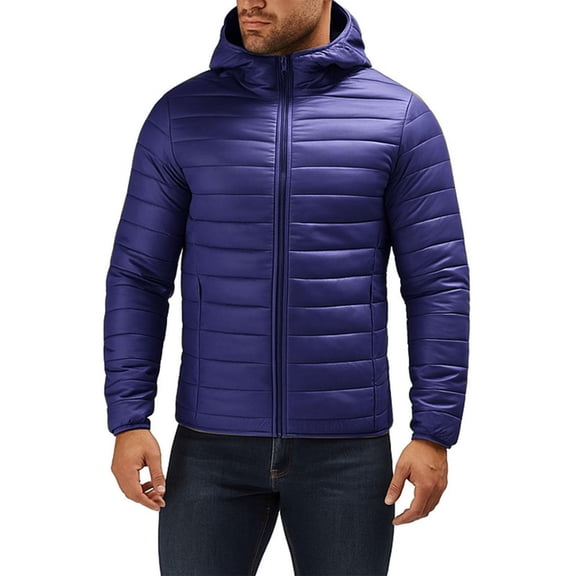 BXJX Men's Hooded Puffer Jacket- Winter Quilted Stand Up Collar Lightweight Zip-Front Coat with Pockets Navy Size XL