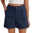 thumbnail image 2 of Women's High Waist Single Button Pleated Cuffed Hem Dressy Casual Suit Shorts with Pockets,Navy,Women's Plus Size L, 2 of 8