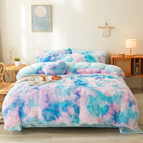 Tie dye Blue Plush Fluffy Comforter Cover Set Queen - Ultra Soft Faux Fur tie dye Bedding Sets 3 Pieces (1 Shaggy Duvet Cover 2 Pillow case) Fluffy Bed Set (Tie Dye Blue, Queen)