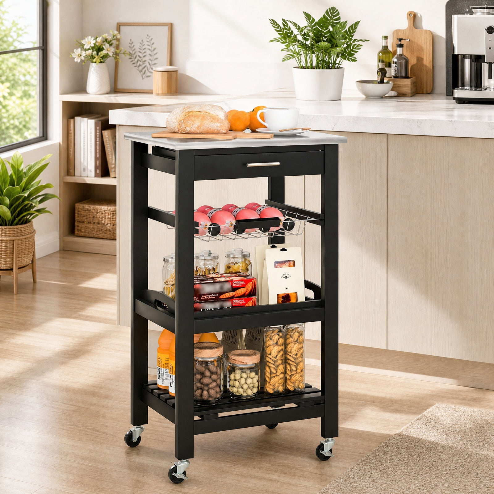 Furnibear Kitchen Island Cart on Wheels with Stainless Steel Tabletop Storage Drawer Wire Basket and Bottom Shelf for Small Kitchens, Black