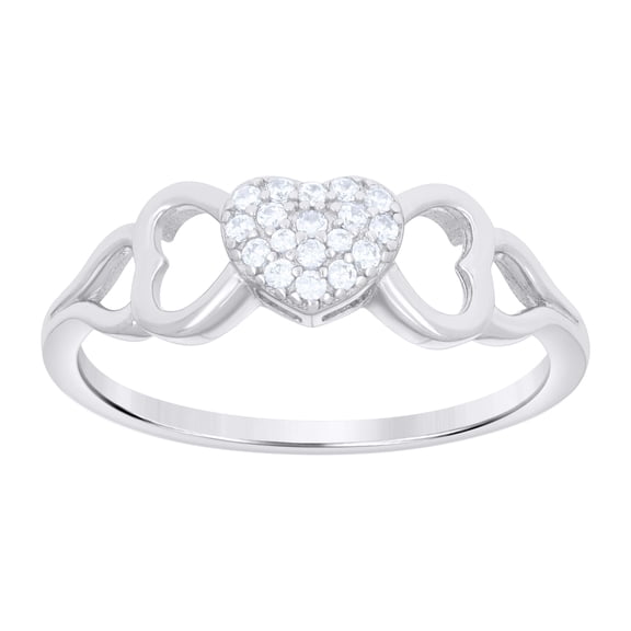 925 Sterling Silver Round Cut Cubic Zirconia Women's Domed Triple Heart Ring | Size 6