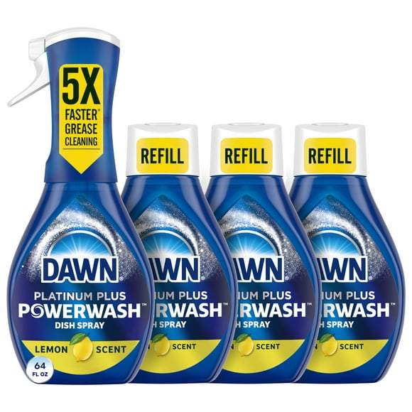 Dawn Platinum Powerwash Dish Spray, Dish Soap, Lemon Scent, 1 Starter Kit 16 Oz Bottle and 3 Refill 16 Oz Bottles, Totally (Pack of 4)
