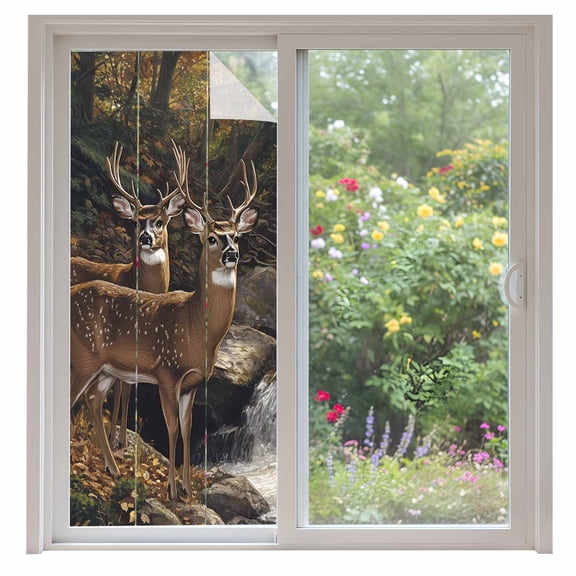 Forest Deer Window Privacy Film, Farmhouse Vintage River Elk Static Cling UV Sun Blocking Heat Control Window Tint Day and Night, Non-Adhesive Reusable One Way Windows Privacy Cover 35.4''x78.7''