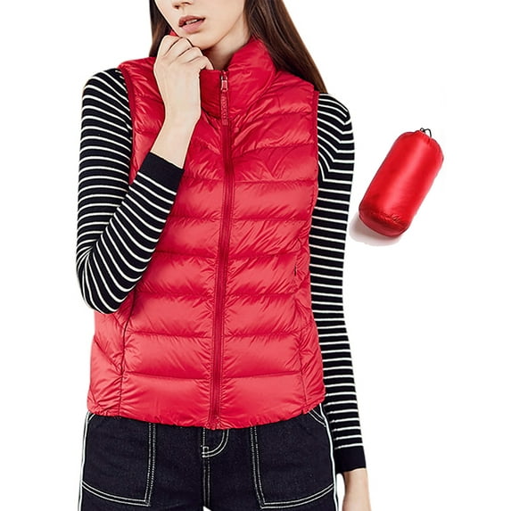 Ladies Packable Padded Down Vest Jacket Lightweight Stand Collar Zip Gilet Quilted Puffy Vest for Women Winter Warm Windproof Waistcoat Trench Coat Outwear