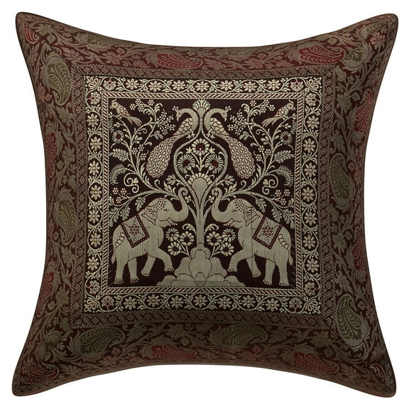 Stylo Culture Indian Decorative Throw Pillow Cover 16 x 16 Jacquard Dark Brown Square 40 x 40 cm Home Decor Brocade Elephant Floral Zippered Cushion Cover | 1 Pc