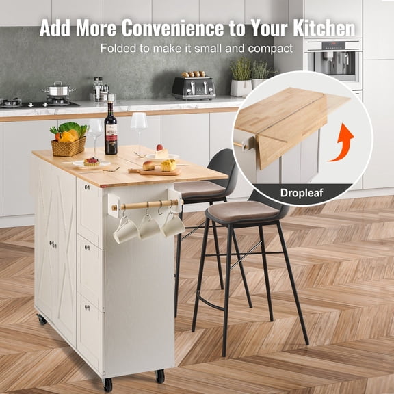 Large 45.3" White Kitchen Island Cart with Drop Leaf, Solid Wood Top, Storage Cabinet & Spice Rack, Mobile Rolling Cart with Drawer