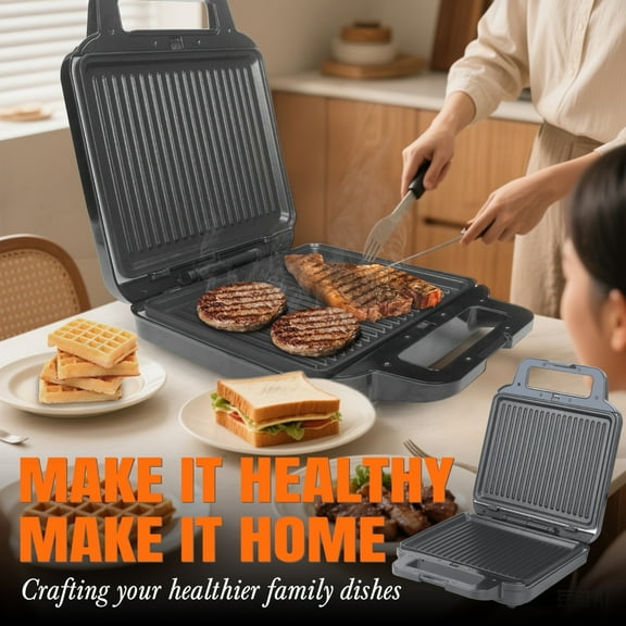3-in-1 Panini Grill Press & Waffle Maker - Removable Plates, Rapid Heating, Cool Touch Handle, Easy to Clean/Store, Ideal for Grilled Cheese, Sandwiches & Belgian Waffles