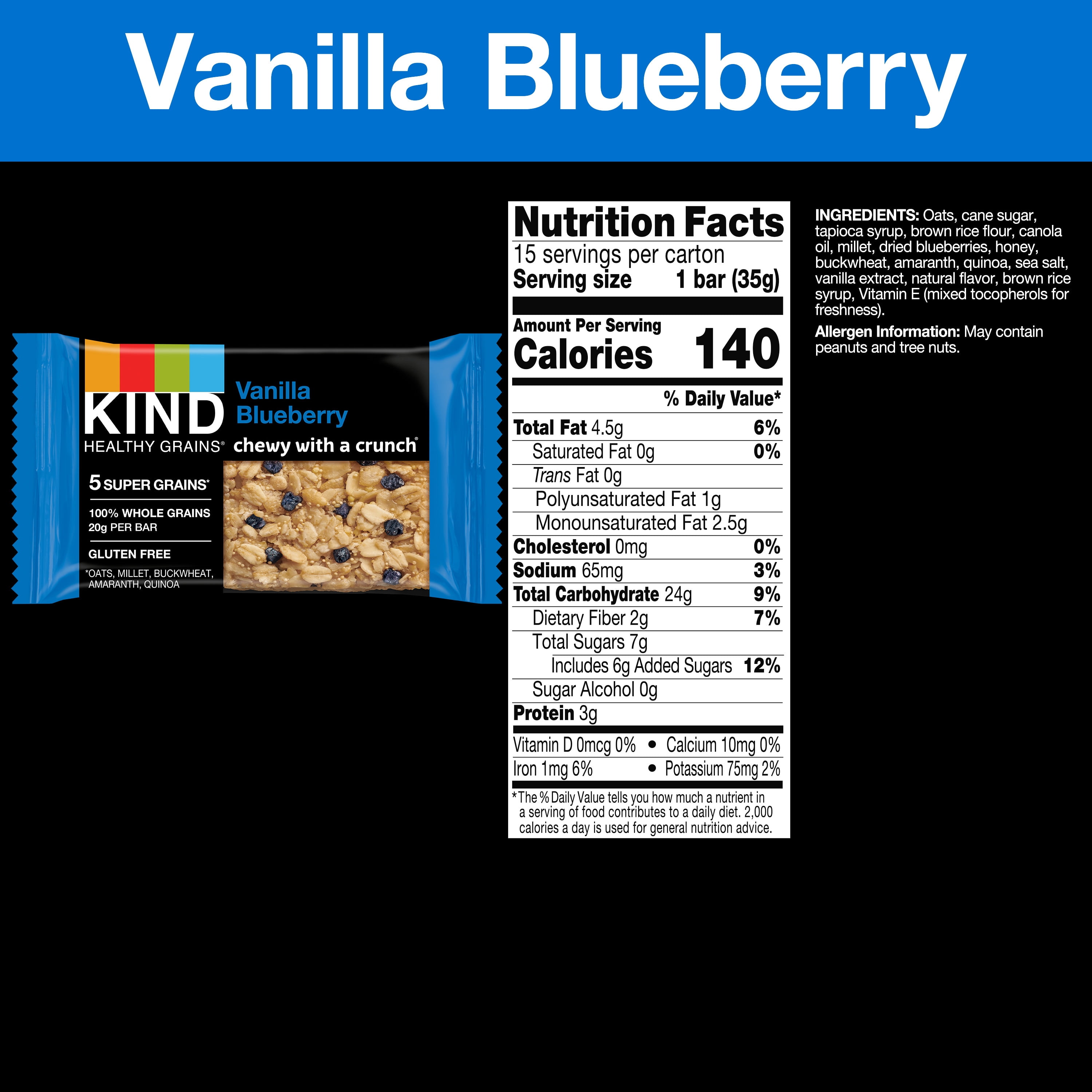 KIND Healthy Grains Gluten Free Vanilla Blueberry Snack Bars, Value Pack, 1.2 oz, 15 Count Box