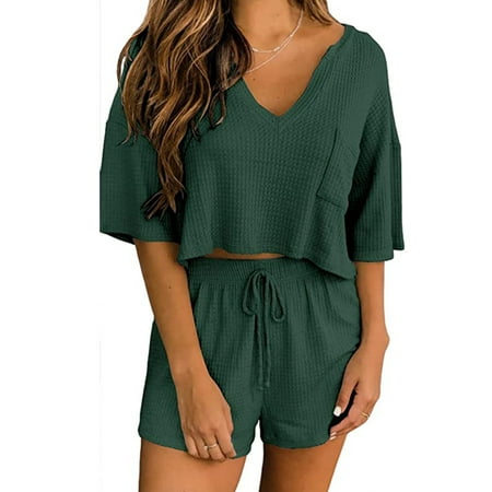 

Avamo Women Loungewear Ladies Tops and Shorts 2 Piece Outfits Lounge Sets V Neck Baggy Pajamas Solid Color Summer Nightwear Dark Green L