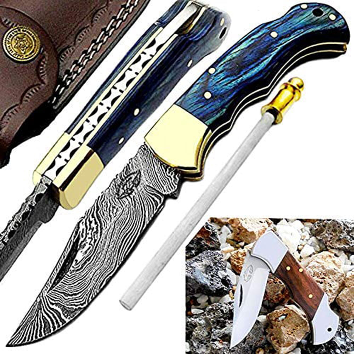 Best.Buy.Damascus1 Pocket Knife Set, Blue Wood Damascus Steel Hunting Knives, 3 in Blade Length