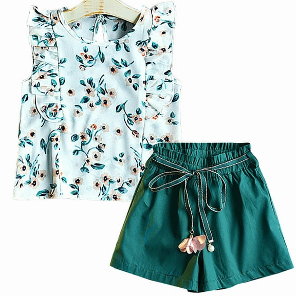 Summer Toddler Kids Clothes Set Baby Girls Sleeveless Floral Blouse Tops Shorts