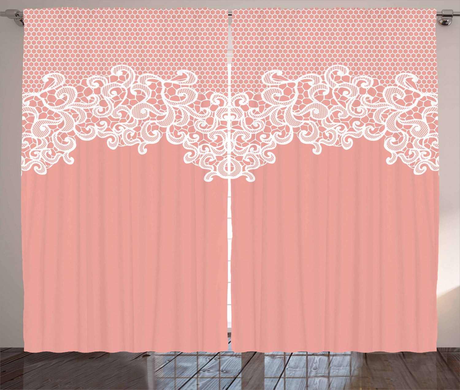Peach Curtains 2 Panels Set, Abstract Lace Design Wedding Engagement