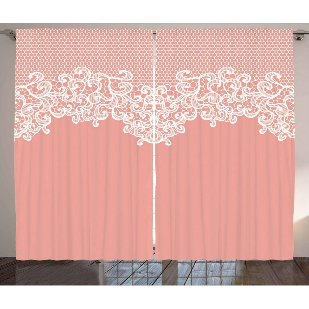 Peach Curtains 2 Panels Set, Abstract Lace Design Wedding Engagement