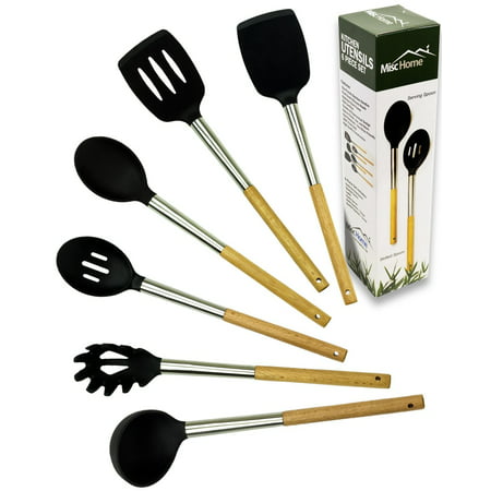 Misc Home Gourmet Bamboo Stainless Steel Non-Stick Silicone Kitchen Utensil Set, 6 Piece Cooking Utensil