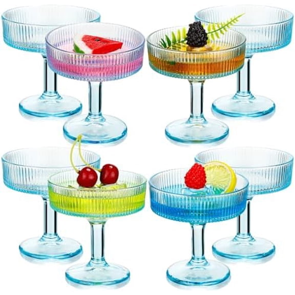 8 Pcs Ribbed Vintage Coupe Glasses 7 oz Martini Glasses Champagne Coupe Classic Cocktail Glassware Reusable Ribbed Glassware for Cocktail Martini European Style (Blue)