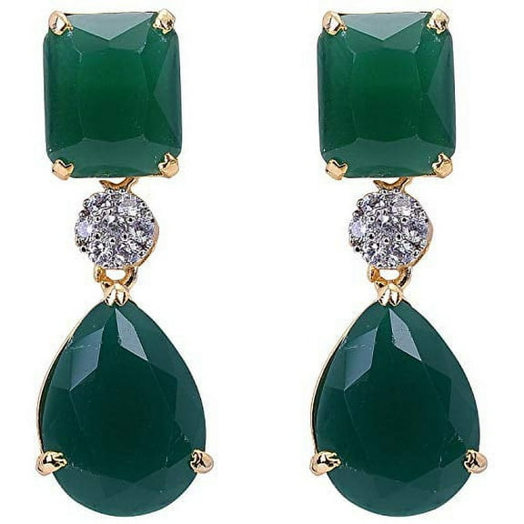 Ratnavali Jewels Cubic Zirconia Diamond Gold Plated Green Dangle Drop Earrings for Women
