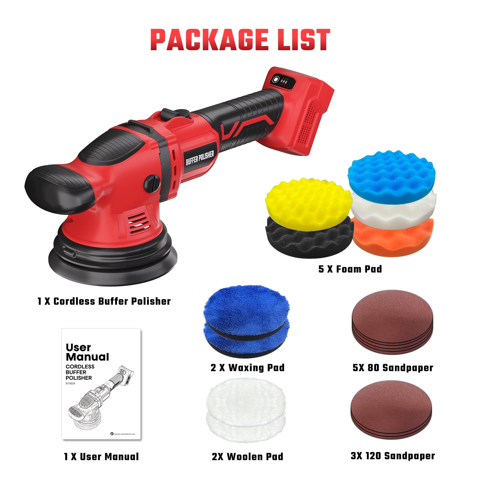 Cordless Polisher Kit for Milwaukee M18 Battery (Battery Not Included), 6-Inch Variable Speed Orbital Car Polisher for Detailing, 1800-5500 RPM, 17-Piece Accessory Set for Polishing & Waxing