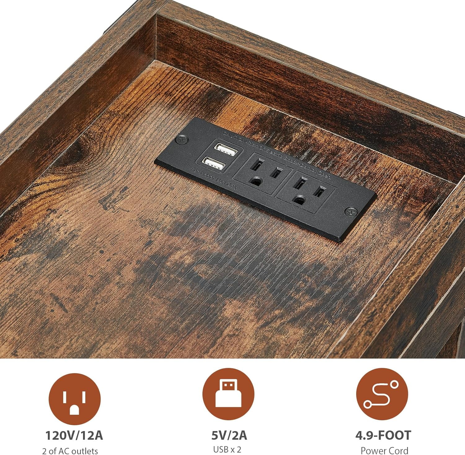 ZEXVIDA Narrow Side Table, End Table,Sofa Side Table, End Table Nightstand for Bedroom, Living Room, Small Spaces with 2 USB and 2 Power Outlets(with Outlets, Rustic Brown)