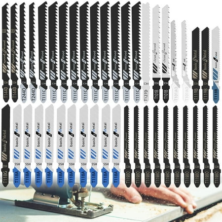 

Adifare 43pcs Jig Saw Blade Set High Carbon Steel Assorted Saw Blades with T-shank Sharp Fast Cut Down Jigsaw Blade Woodworking Tool for Wood Metal Plastic Cutting