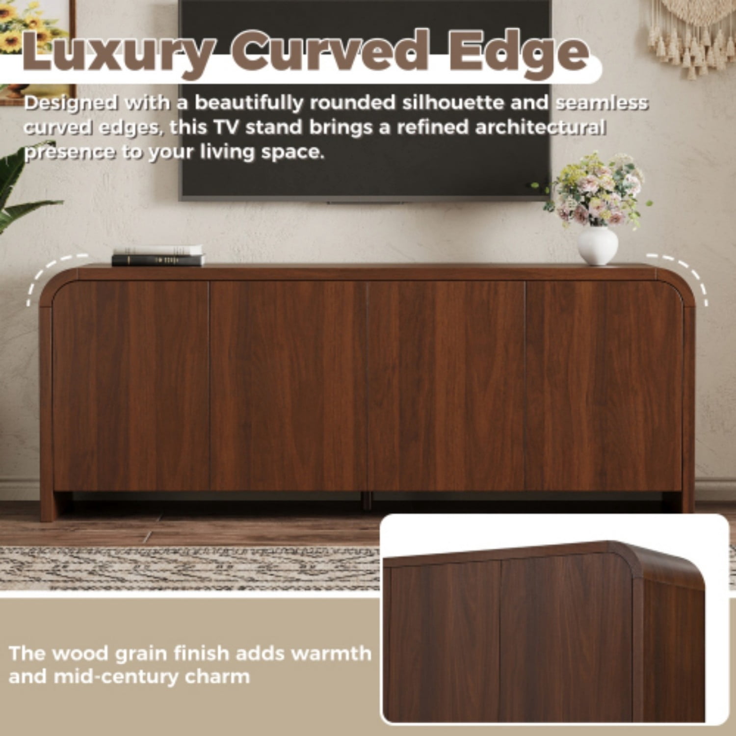 Farmhouse Curved Edge TV Stand for 70 Inch TV, Mid Century Modern Wood Grain Media Console with Adjustable Shelves, Cabinets & Cable Management for Living Room, Walnut