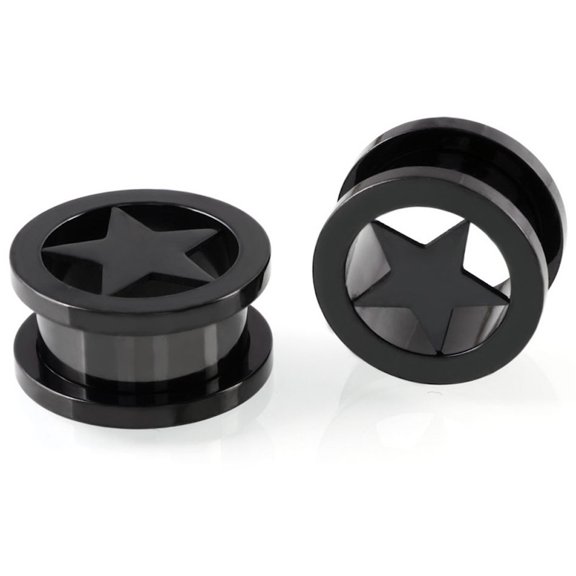 Black Titanium with Star Over Surgical Steel Screw-on Plugs/Gauges 9/16'' (14mm) 2 Pieces (1 Pair) (B/63)
