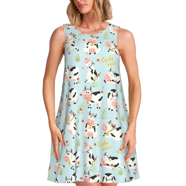 Fotbe Cute Cows Vestido de Verano sin Mangas para Mujer – Vestido Midi Línea A, Estilo Camiseta Floral, Vestido Playero Casual y Fluido