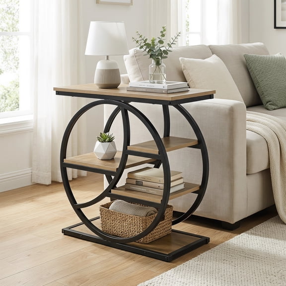 Fnova Narrow End Table, 4-Tier Side Table with Large Storage Space, Modern Industrial Bedside Table with Metal Frame for Living Room, Home Office, Bedroom, Rustic Light Oak Black