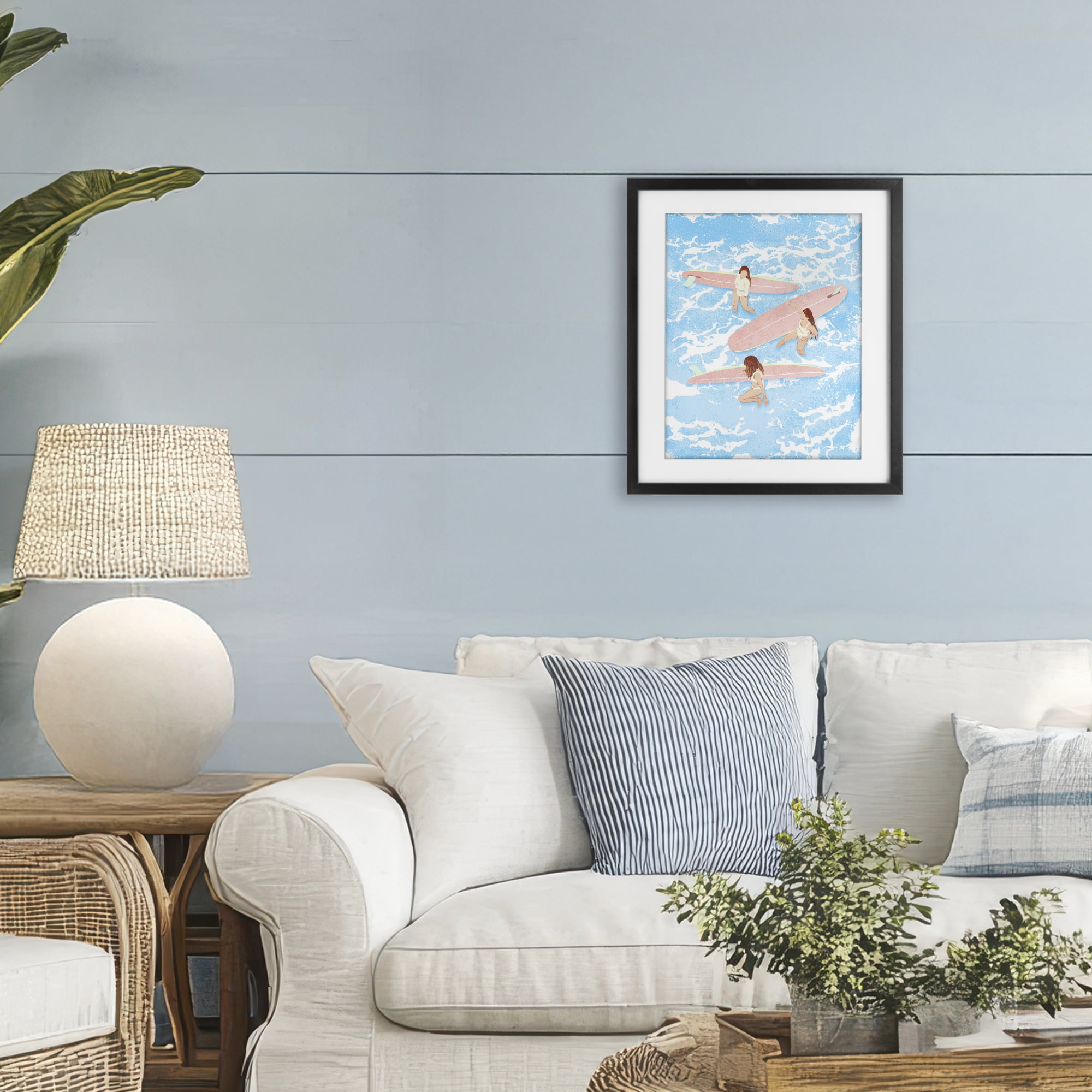 Surfing Girls Trio Black Framed Print Under Glass, design by Ziwei Li
