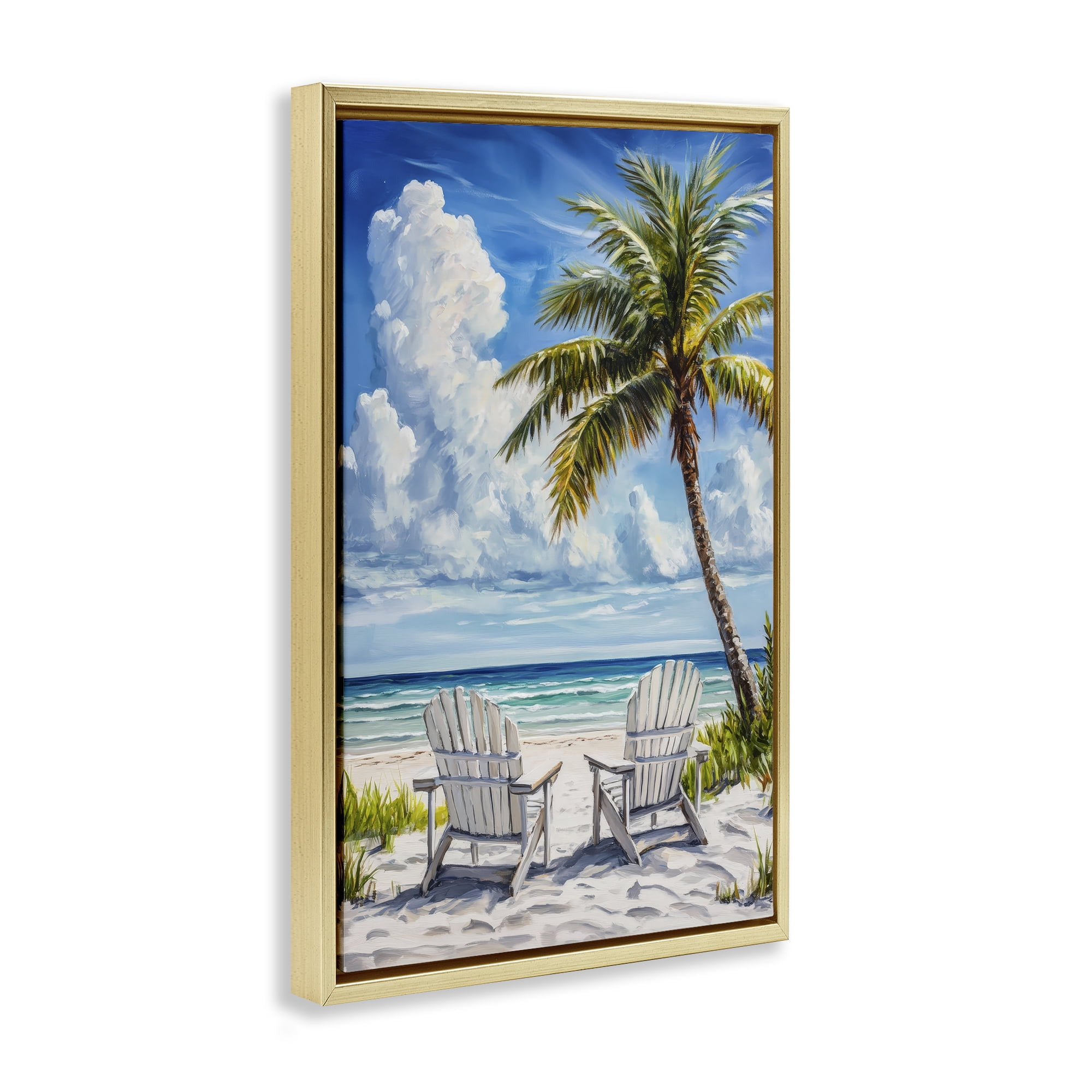 Stupell Industries Clouded Beach with Looming Palm Gold Framed Floater Canvas Wall Art, design by Petal Prints Design