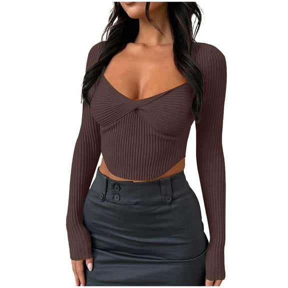 IROINNID Pullover Sweater for Women Sexy Long Sleeve Sweetheart Neck Slim Fit Solid Knit Cropped Pullover Twist Front Sweater,Brown